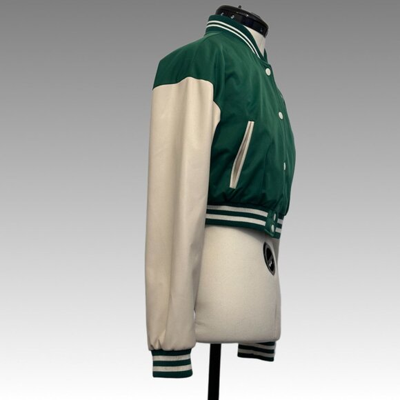 FOREVER 21 Jacket Cropped Varsity Letterman Baseball Bomber Sports Green Ivory S - Picture 6 of 15